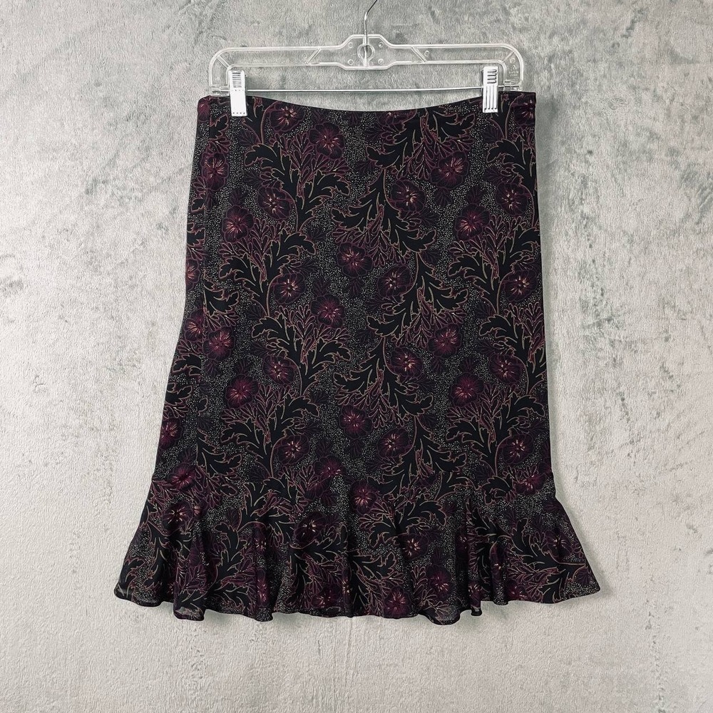 Y2K Express Black Floral Mesh Ruffle Hem Knee Length Skirt Medium Evening Party